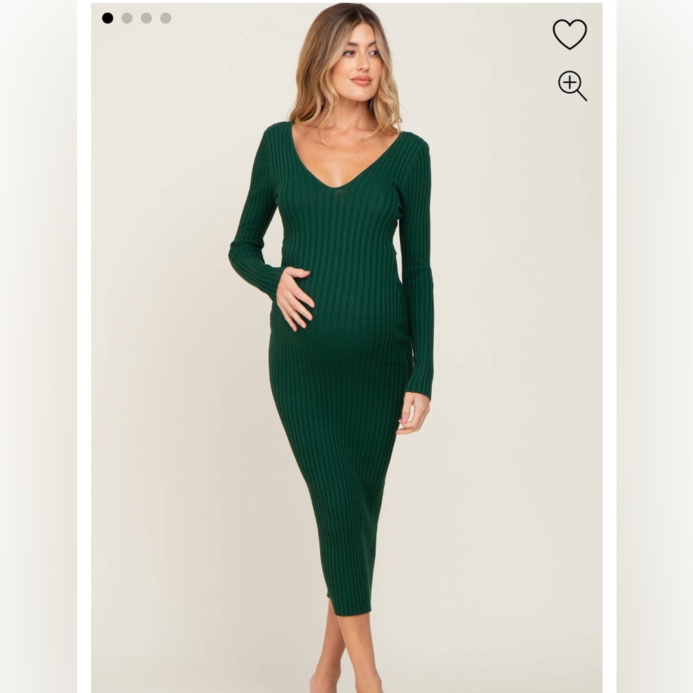Pink Blush Forest Green V-Neck Long Sleeve Fitted Maternity Maxi Dress